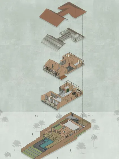 An exploded axonometric view revealing the layers of the Calangute villa. This drawing deconstructs the design, showing how the different floors, roof structure, and outdoor spaces are organized to maximize views, natural light, and ventilation.