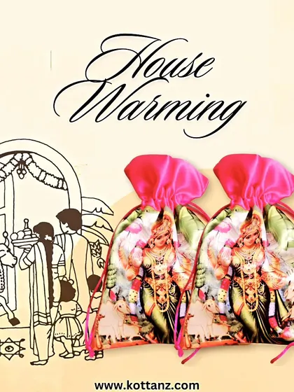 Celebrate new beginnings with our customized housewarming potli bags. This design features a beautiful Pichwai-style print, perfect for the occasion.