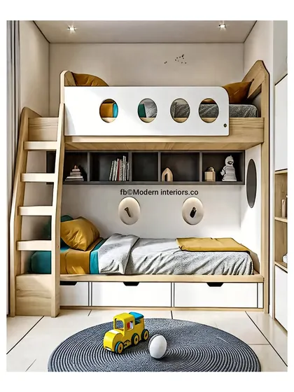 A clean and modern bunk bed design with fun circular cutouts. The built-in shelving between the beds is perfect for bedtime stories, and the under-bed drawers offer great storage.