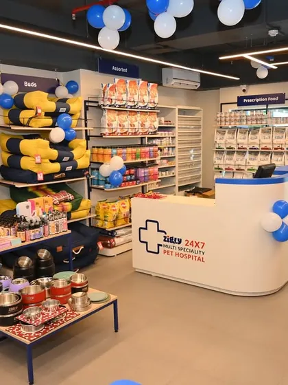 The clean and modern interior of our multi-speciality pet hospital and store in Vastrapur, Ahmedabad, decorated for its launch.