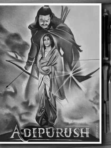 A charcoal sketch inspired by the movie Adipurush, featuring characters played by Prabhas and Kriti Sanon. This piece blends cinematic art with the epic story of Ramayana.