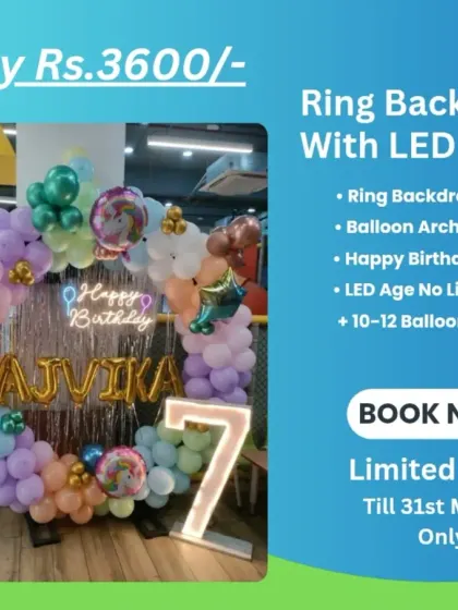 Promotional offer for a Ring Backdrop with LED Light for Rs. 3600, including a neon sign and marquee age number.