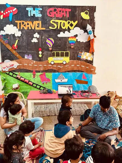 Our "Great Travel Story" theme board sets the stage for our exploration of transport. The visual environment is an important part of our pedagogy, immersing the children in the topic they are studying.