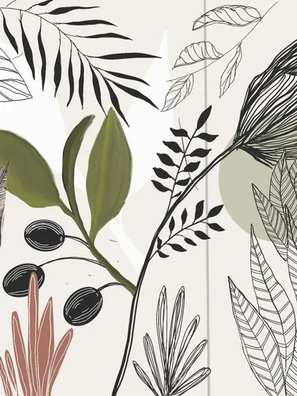 A detail shot of the art style used at Cafe Tesu, combining black line drawings with soft, painted colors for a modern botanical effect.