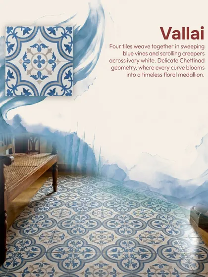 This is the 'Vallai' pattern, a classic Athangudi design. Four tiles weave together to form a timeless floral medallion with sweeping blue vines, bringing delicate Chettinad geometry to your floor.