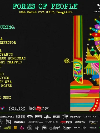 The massive lineup for "Forms of People" at Gylt, Bangalore. Being part of such a large-scale local festival is a great way to connect with the wider music community.