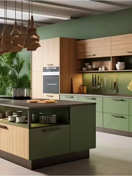 This nature-inspired kitchen combines sage green and light wood cabinets for a calming, organic feel. The large island offers extensive storage with open shelves and deep drawers, plus a generous food prep area.