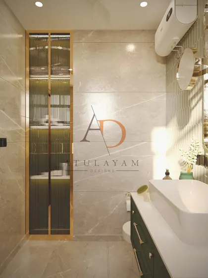 This shot highlights the smart storage solutions, including a tall, fluted glass cabinet that adds verticality and style.