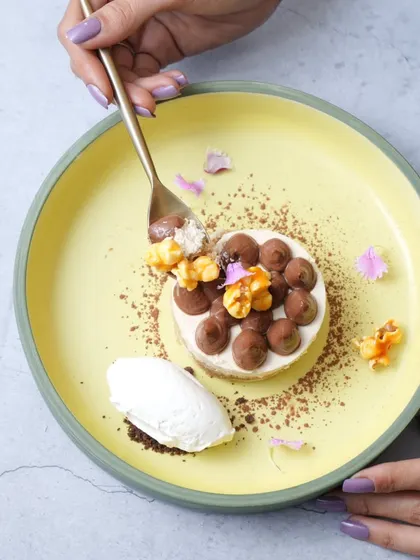 A final look at my beautiful popcorn mousse dessert, a highlight of the four-course lunch.