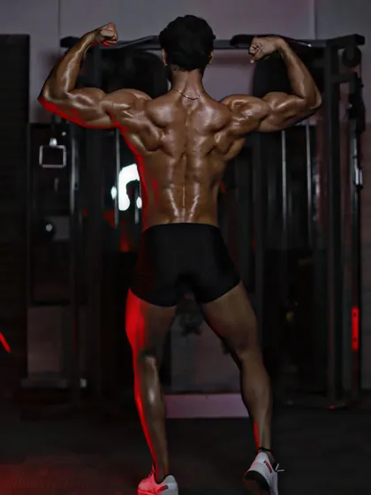 A full back double biceps pose under dramatic lighting. This highlights every muscle from my traps down to my calves.