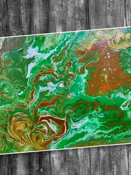 A beautiful fluid art piece with earthy tones of green, brown, and white. This technique allows for endless color combinations and unique results every time.