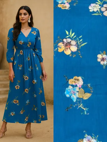 From a roll of fabric to a beautiful dress. This flowy blue floral dress is an example of what you can create with our soft, printed textiles for a perfect brunch or day-out look.