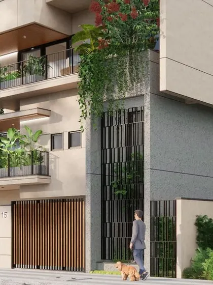 This perspective shows the vertical circulation core and its integration with the main building mass, a key element in our multi-level residential designs.