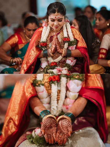 A collage capturing the bride's emotions and beautiful details, from her prayers to her intricate henna-adorned hands.