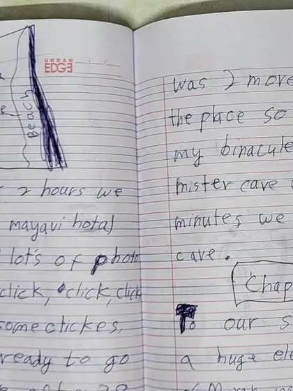 An illustrated scene from the young author's notebook. Combining writing with drawing is a fantastic way for kids to bring their imaginative worlds to life.