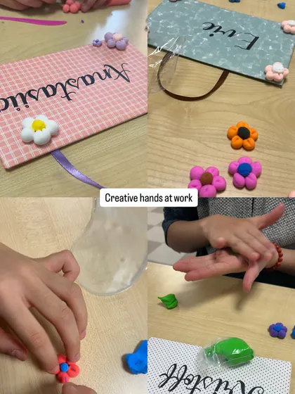 Creative hands at work! A behind-the-scenes look at kids rolling and shaping clay to create flowers for their personalized nameplates.