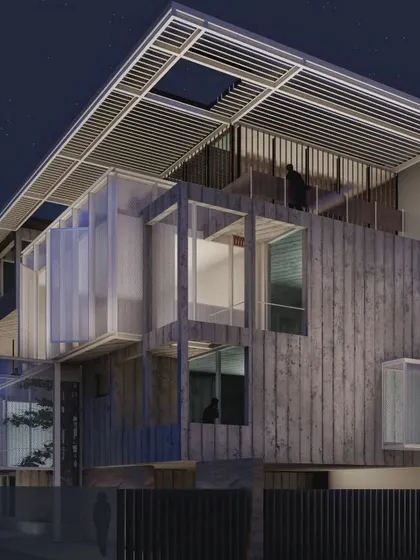 Another view of Residence B, showing the relationship between the solid, board-formed concrete volumes and the lighter, screened upper levels. A slatted roof structure adds another layer of texture and filters light into the spaces below.
