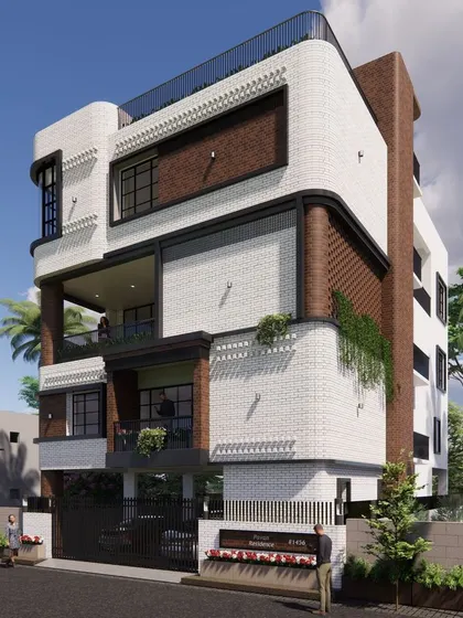 This modern villa elevation incorporates Art Deco elements like curved corners and contrasting brick textures, creating a unique and stylish facade.