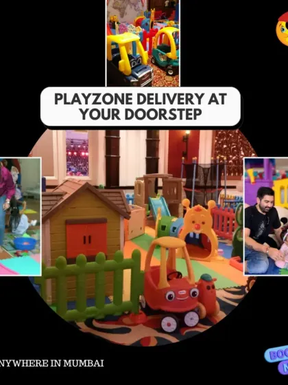Playzone delivery at your doorstep, anywhere in Mumbai. This graphic shows a central indoor setup surrounded by photos of happy families enjoying the play area together.