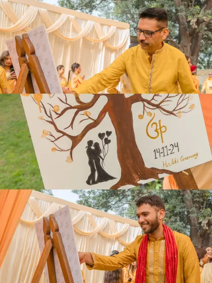 A unique detail from a haldi ceremony, where guests add their thumbprints to a 'family tree' painting. This shot highlights the personal and creative touches that make each wedding special.