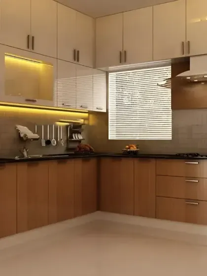 This L-shaped kitchen combines wood-grain base cabinets with glossy white uppers. Under-cabinet lighting highlights the workspace and adds ambiance.