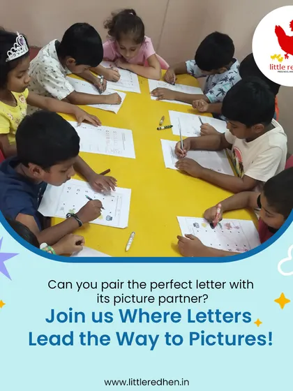 Children sit together at a table, diligently working on a picture-matching phonics worksheet. This activity helps build confidence and makes the process of learning the alphabet an engaging game.