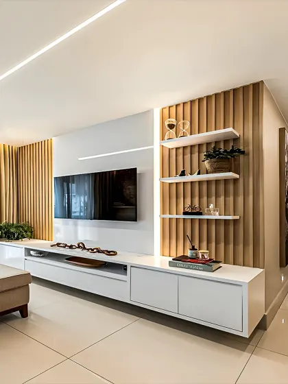 I used a mix of textures here, with vertical wood slats and a sleek white floating console. The open shelving provides a perfect spot for displaying decor.