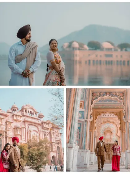 This collage follows a beautifully dressed Sikh couple through Jaipur's most famous landmarks, including Jal Mahal and Patrika Gate.