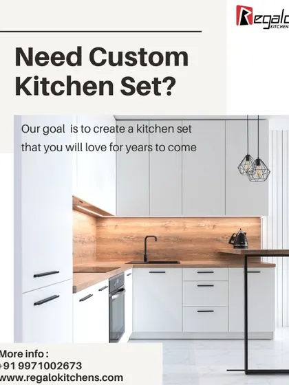Need a custom kitchen set? This ad features a clean, white and wood kitchen, stating our goal to create a kitchen that you will love for years to come.