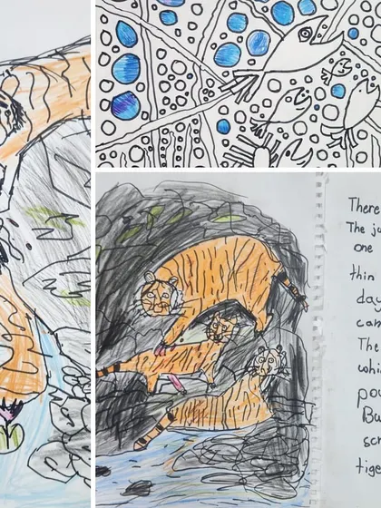 More artworks from our "Beyond the Lens" project, where students imagined what happened next in the wildlife photographs they saw, creating their own visual narratives.