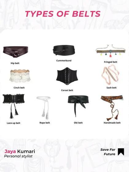 An educational guide on different types of belts. This carousel post covers everything from hip belts and cummerbunds to corset belts and handmade styles.