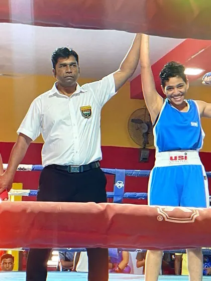 The moment of victory for Vedika Satre at the National selections. Her hand raised, a future champion.