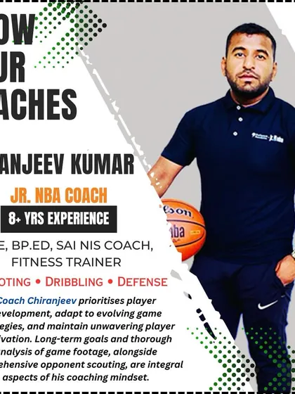 Introducing Coach Chiranjeev Kumar. With over 8 years of experience as a Jr. NBA and SAI NIS coach, he excels in teaching shooting, dribbling, and defensive strategies.