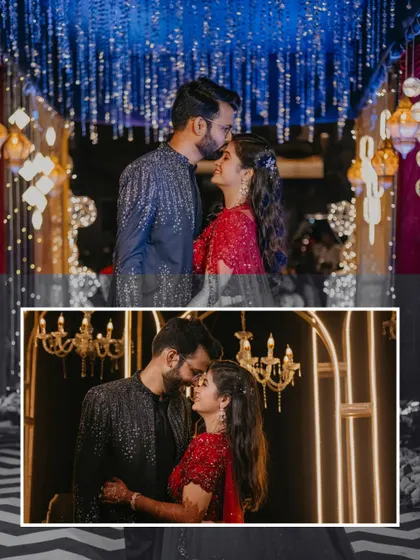 A collage that blends color and black and white to create a dramatic and romantic story of the Sangeet night. The forehead kiss is a moment of pure tenderness.