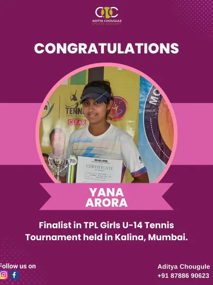 We celebrate Yana Arora, a finalist in the TPL Girls U-14 Tennis Tournament. Her consistent performance makes our academy proud.