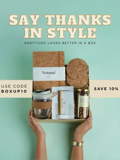 Say thanks in style with this eco-friendly hamper. It features a cork notepad, a glass tumbler with a cork sleeve, and other sustainable items that show gratitude beautifully.