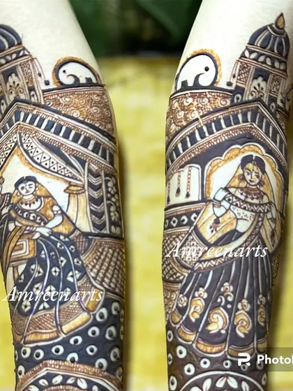 A close-up of the arm portraits, showing a bride in her doli and another scene of the couple together.