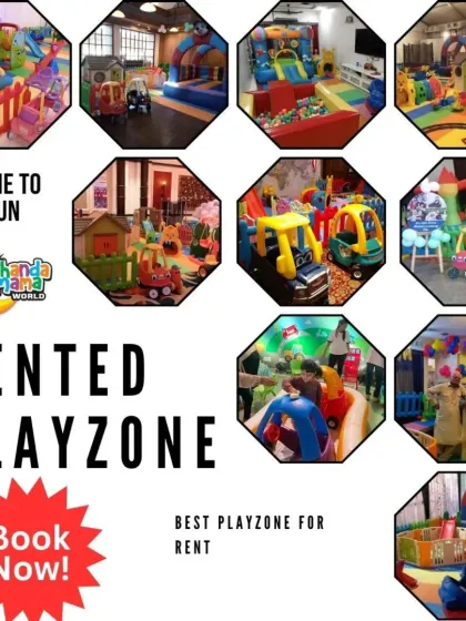 It's time to have fun. This collage presents a dozen different playzone setups in a unique octagonal layout, emphasizing the sheer variety of equipment and arrangements I can provide for your party.