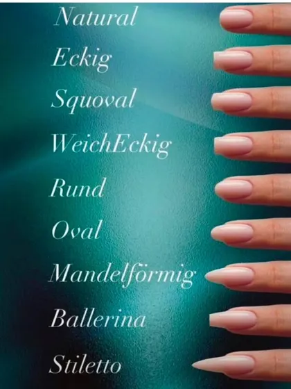 There are so many nail shapes to choose from. This chart shows some of the most popular options, from natural round and oval to dramatic stiletto and ballerina shapes.