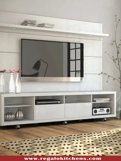 This floating white TV unit offers a bright and airy feel. The clean lines and ample storage make it a practical and stylish choice for any modern living room.