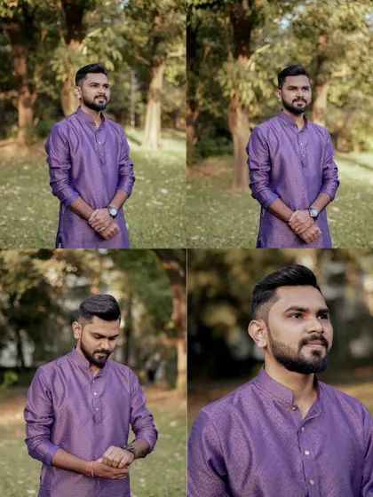 A collage of the groom's portraits in a park, capturing his thoughtful and happy expressions before the ceremony.