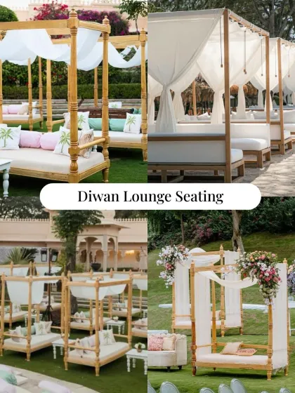 We offer regal Diwan lounge seating with canopy tops and plush cushions, creating a comfortable and royal space for guests to relax.