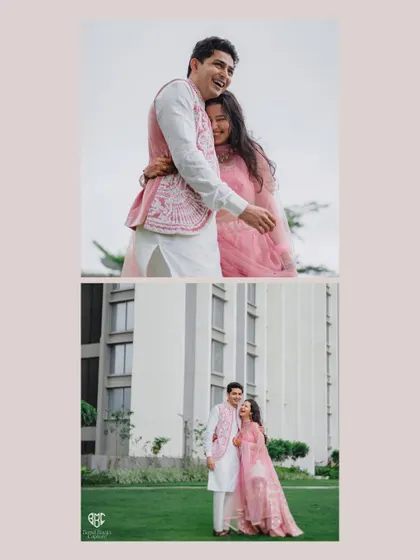 A collage of beautiful outdoor portraits from the Roka ceremony, showcasing the couple's happy connection.