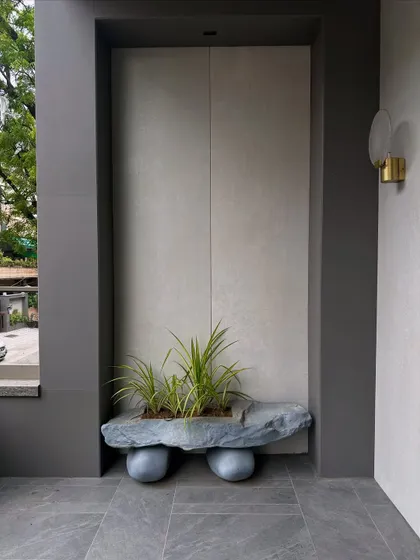 A close-up of a unique planter in the Punjabi Bagh project. This piece, made of natural stone, acts as a sculptural element, elevating a simple plant into a piece of art.