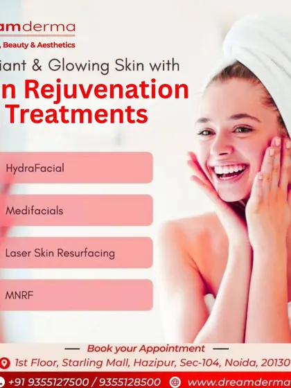 This happy client showcases the joy of achieving radiant skin. Our skin rejuvenation treatments, including HydraFacial, Medi-facials, and Laser Resurfacing, are all designed to help you feel this confident and happy in your skin.