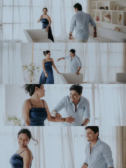 A sequence of playful, candid moments. This collage from a studio pre-wedding shoot tells the story of a chase, a laugh, and a shared smile.