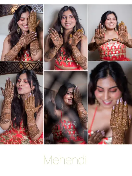 A collage celebrating the bride and her intricate mehendi. We take a variety of shots to showcase the beautiful henna from all angles.