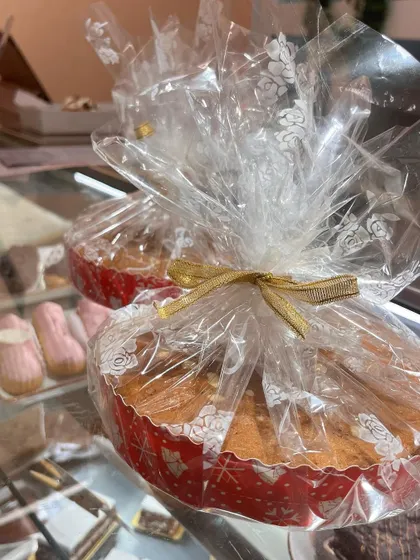 Our Christmas cakes, wrapped and ready to find a new home for the holidays.