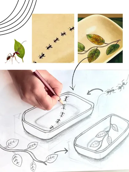 From sketch to final product, this image shows the design process for the "Unity Platter". The concept draws on the powerful symbols of the ant and the leaf to create a meaningful and artistic decor piece.