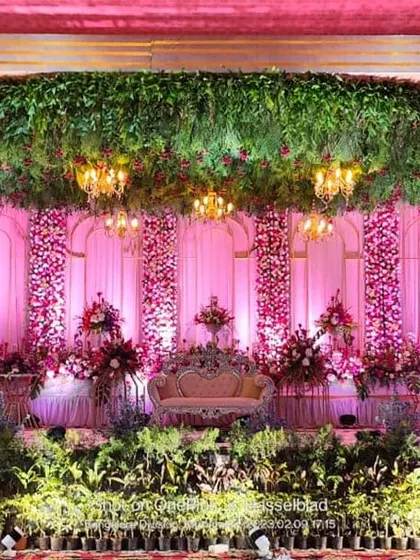 A stunning pink-themed reception stage with a massive overhead installation of greenery. The floral pillars and soft lighting create a warm and inviting atmosphere for the couple and their guests.